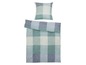 Bettwäsche mit Bettbezug und Kissenbezug in einem grünen und blauen Karomuster.