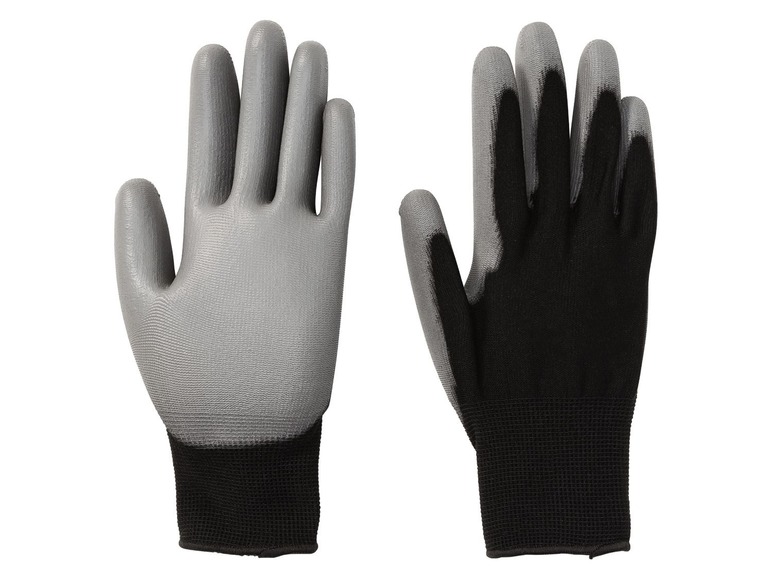 Zwei Paar graue Arbeitshandschuhe mit schwarzen Manschetten.