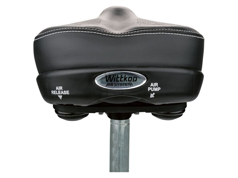 Schwarzer Wittkop Air System Sattel mit Luftpumpe und Luftventil.
