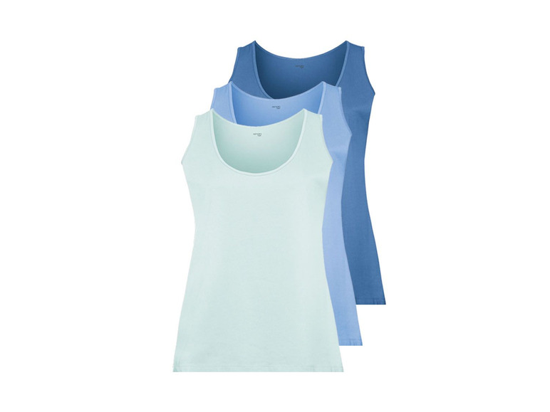 Drei Damen-Tanktops in Hellblau und Mintgrün.