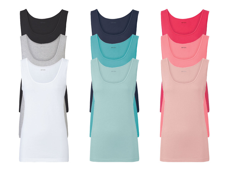 Sechs esmara Tanktops in verschiedenen Farben.