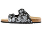 Schwarze Sandalen mit Paisley-Muster und Korksohle.