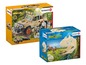 Schleich Spielzeug: Safari-Geländewagen und Dinosaurierskelett.