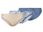 Drei Damen-Slips, einer beige mit Spitze und zwei blaue mit Blumenmuster.