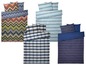 Drei verschiedene Bettwäsche-Sets mit Zickzack-, Karomuster- und Streifen-Designs.