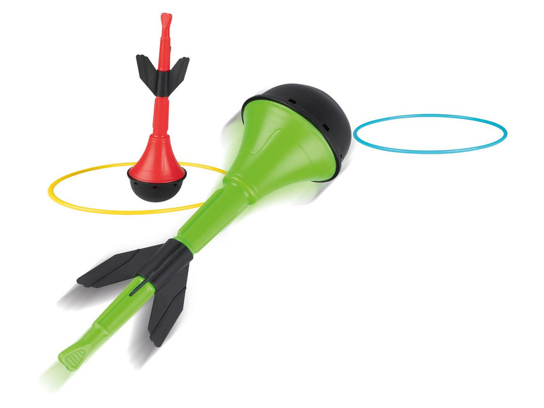 Eine grüne und rote Rakete mit Ringen für das Spiel Raketenring
