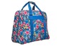 Eine blaue Reisetasche mit Blumenmuster.