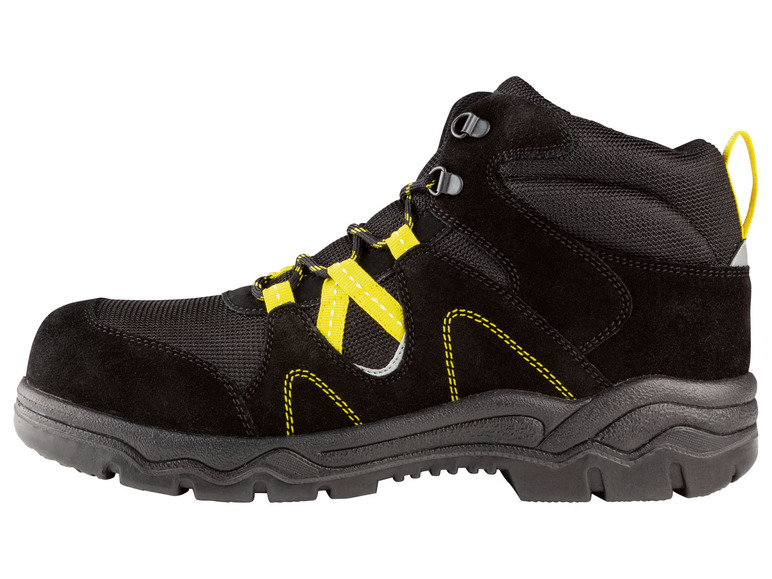 Schwarze Sicherheitsschuhe mit gelben Akzenten.