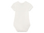 Ein weißer Baby-Body mit kurzen Ärmeln.