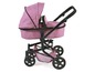 Ein rosa Kinderwagen mit schwarzem Griff und Rädern.