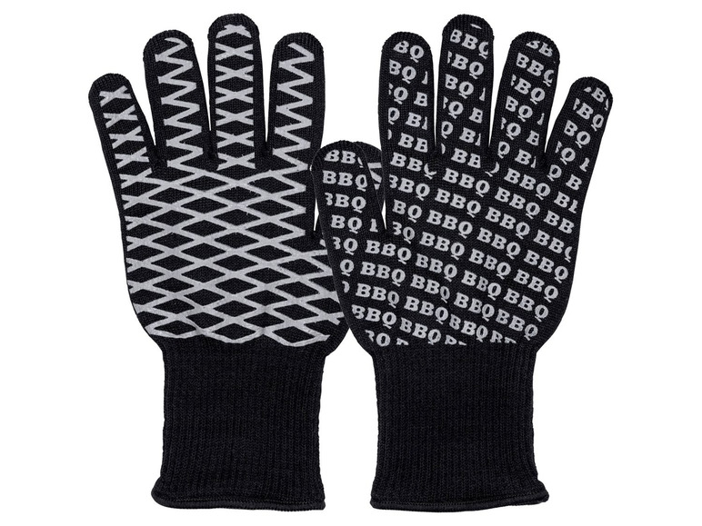Zwei schwarze Grillhandschuhe mit einem Rautenmuster.