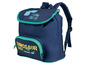 Blauer Rucksack mit Dinosaurier-Motiv.