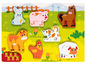 Holzp puzzle mit Bauernhoftieren, darunter eine Kuh, ein Pferd, ein Schwein und ein Schaf.
