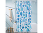 Eine Duschvorhang mit einem Muschelmuster in blau und weiß.