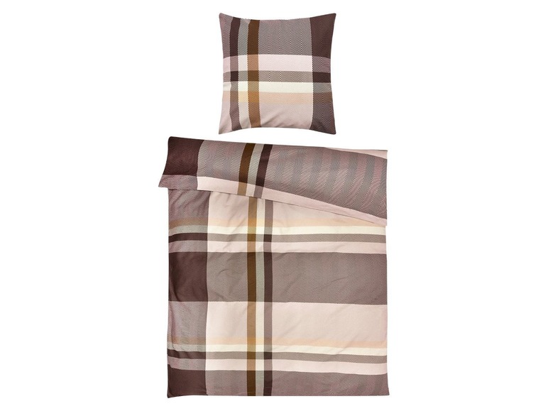 Bettwäsche-Set mit kariertem Bettbezug und Kissen in Braun und Beige.