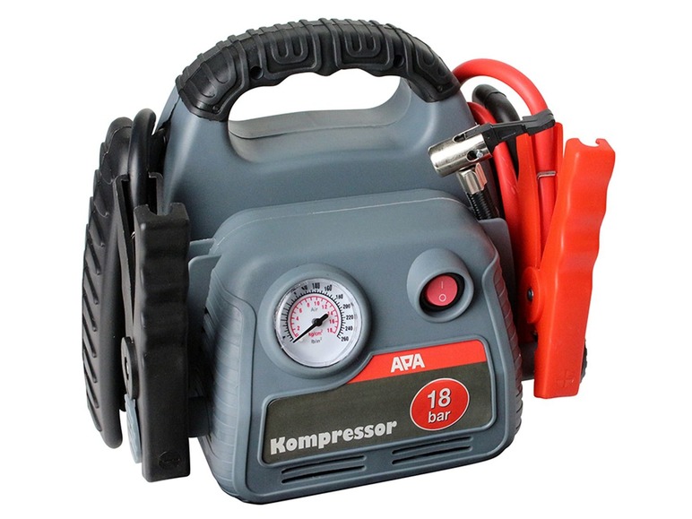 Ein grauer AFA-Kompressor für Autoreifen mit Manometer und Starthilfekabeln.