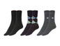 Schwarze, dunkelblaue und graue Socken mit Rautenmuster und Fleur-de-lis-Motiv.