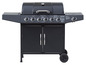Schwarzer Gasgrill mit fünf Brennern und einem Schrank.