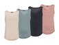 Vier unifarbene Tanktops von esmara in Beige, Blau, Dunkelblau und Rosa.
