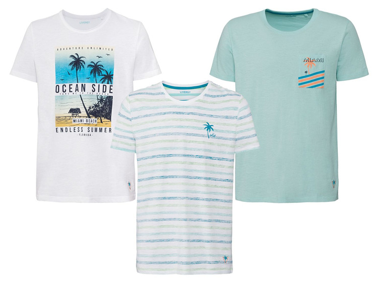 Drei T-Shirts mit sommerlichen Prints, darunter eines mit 'Ocean Side' und Palmen