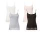 Vier Tanktops mit Spitze in Weiß, Grau, Rosa und Schwarz.