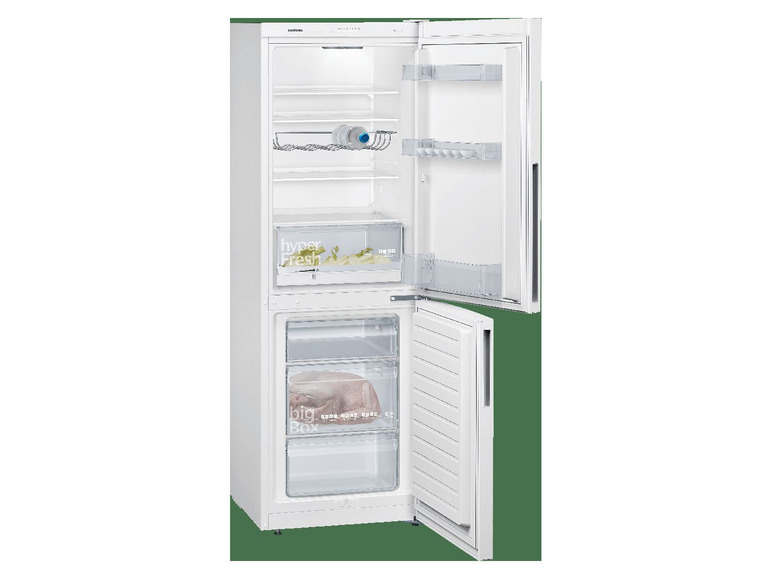 Ein weißer Kühlschrank mit einem großen Gefrierschrank unten.