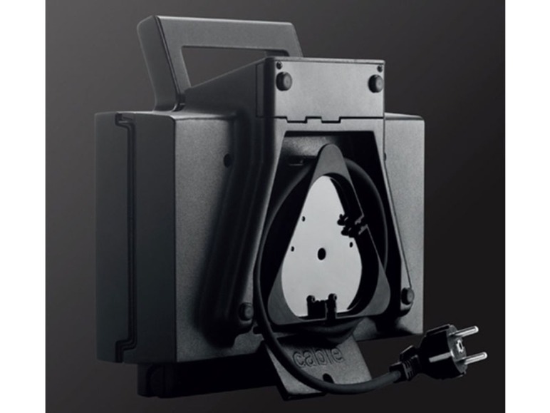 Eine schwarze Kabelbox mit integriertem Kabelaufroller.