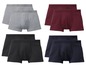 Vier Paar Boxershorts in verschiedenen Farben: Grau, Dunkelrot, Schwarz und Dunkelblau.