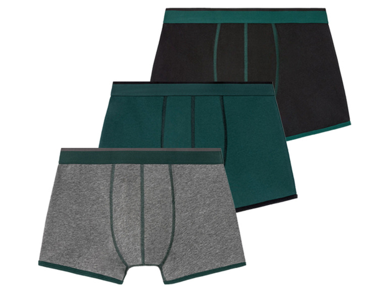 Drei Paar Boxershorts in Grau, Dunkelgrün und Schwarz.