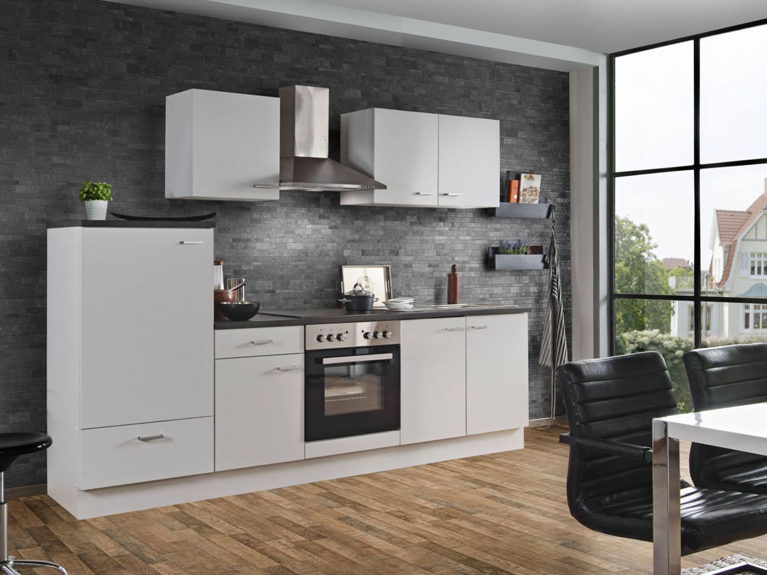 Menke Küchenzeile „Classic“ 270/280/300/310 cm (ohne Geschirrspüler, Bordstein, Weiss matt, 270 cm) | 04039354112059