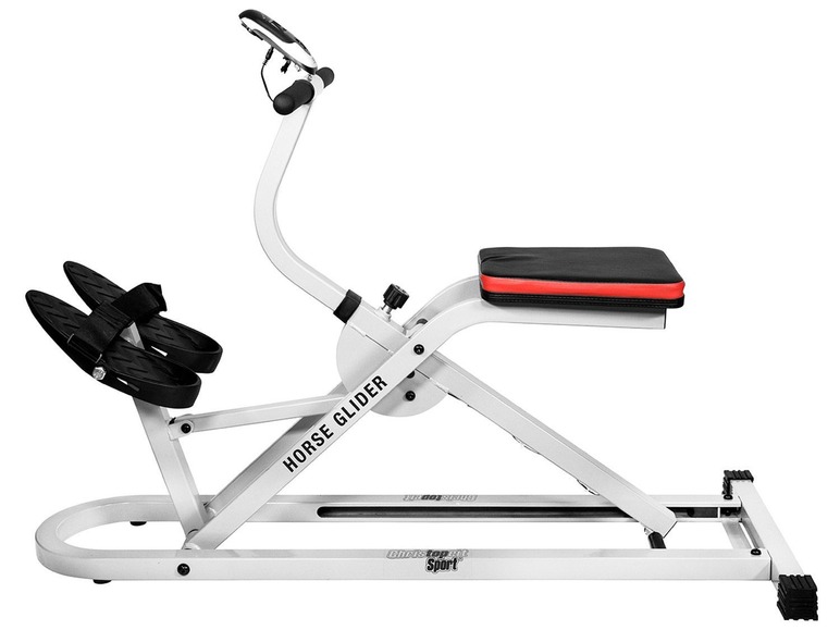 Ein weißes Horse Glider Fitnessgerät mit schwarzem Sitz.