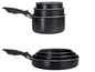 Ein Satz von drei schwarzen Töpfen mit schwarzem Griff.