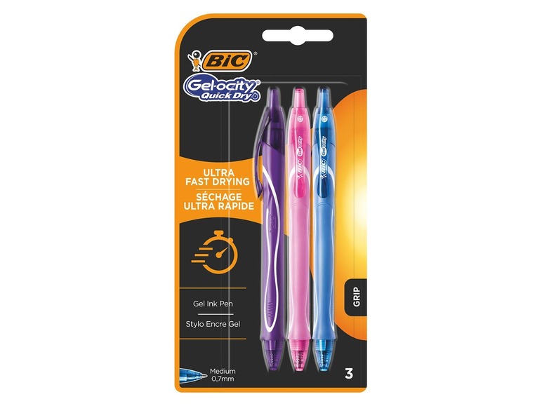 Drei BIC Gelocity Gel-Stifte in verschiedenen Farben mit schnell trocknender Tinte.
