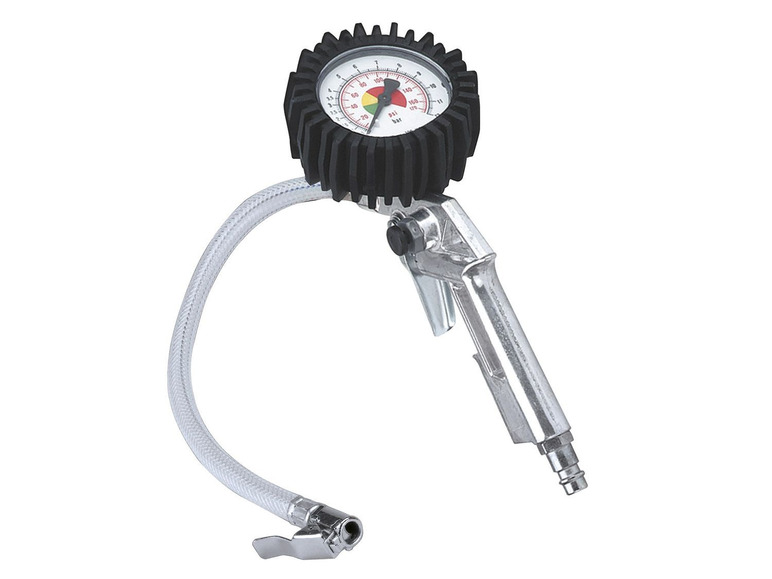 Ein Reifendruckprüfgerät mit Manometer und Schlauch.