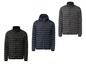 Drei Herrenjacken in Schwarz, Dunkelblau und Grau mit Kapuze.