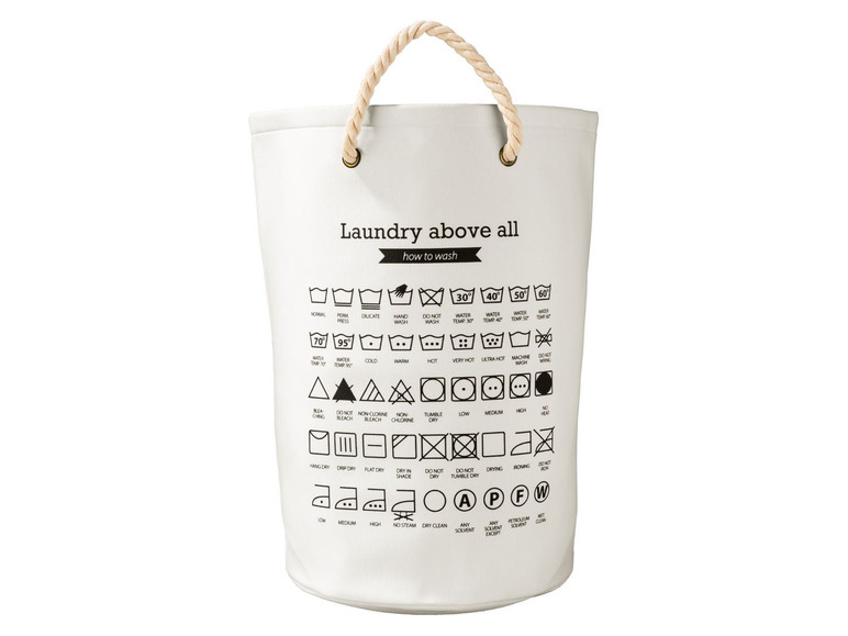 Ein weißer Wäschekorb mit Griff und Waschanleitungen.