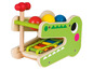 Hölzernes Krokodil-Spielzeug mit Hammer, Xylophon und Bällen.