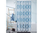 Blaue Duschvorhang mit geometrischem Muster.