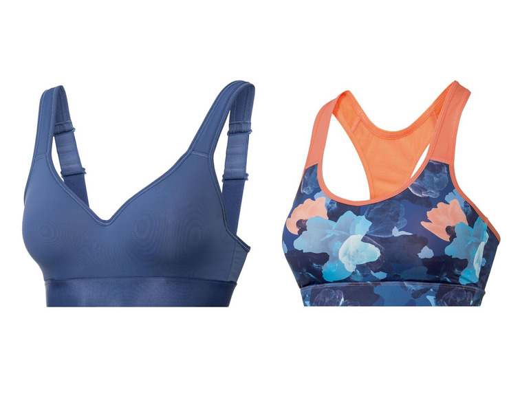 Zwei blaue Sport-BHs, einer uni und einer mit Blumenmuster.