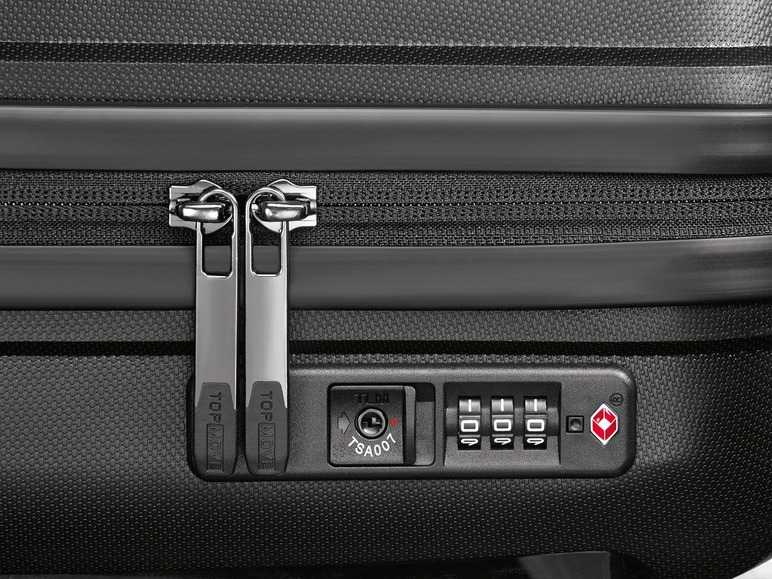 Ein schwarzer Koffer mit einem TSA-Schloss und einem Top Move Reißverschluss.