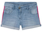 Blaue Jeans-Shorts mit rosa Streifen.