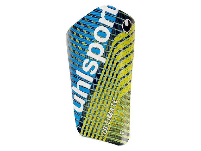 Eine blau-gelbe Schienbeinschoner von Uhlsport.