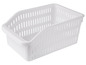 Ein weißer Plastikaufbewahrungskorb mit einem Gittermuster.