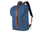 Ein blauer Rucksack mit braunen Details.