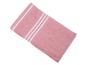 Ein rosa Handtuch mit weißen Streifen.