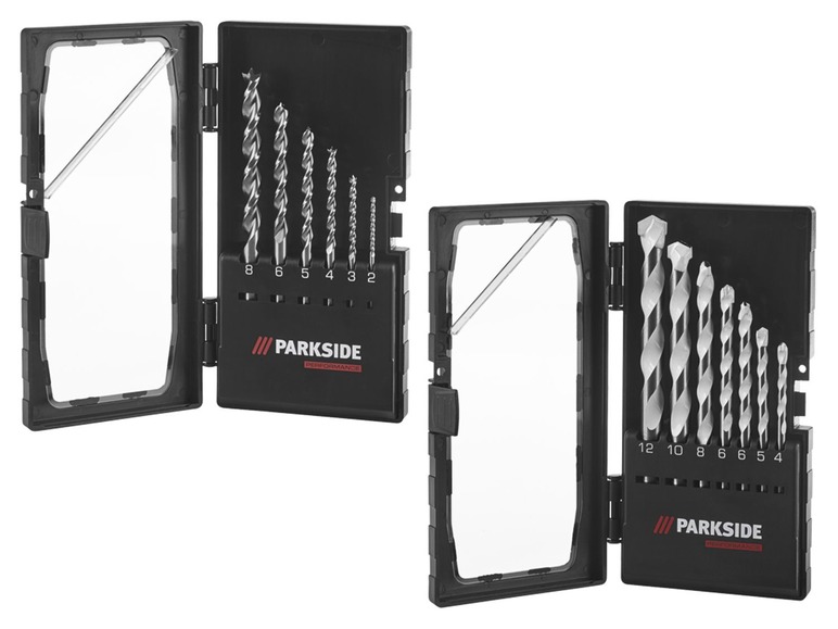 Ein Set mit 7 Parkside Bohrer in einer Plastikbox.