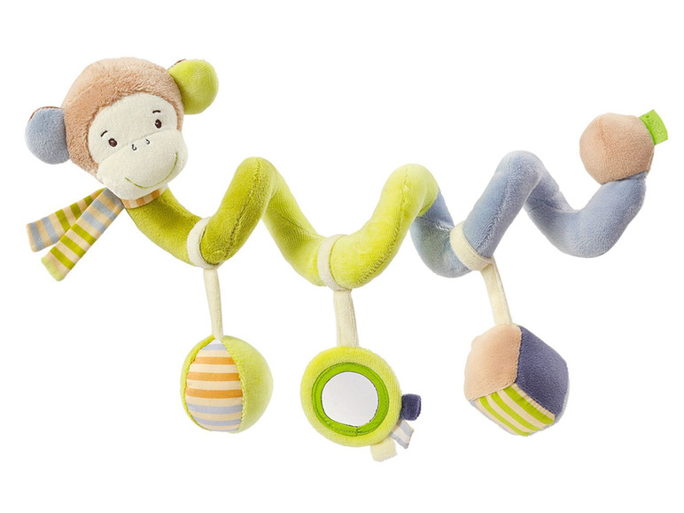 Ein grüner Spiral-Baby-Rassel mit einem Affen, einem Spiegel und einem Ball