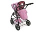 Ein rosa Kinderwagen mit einem Einkaufskorb und einem Sonnendach.