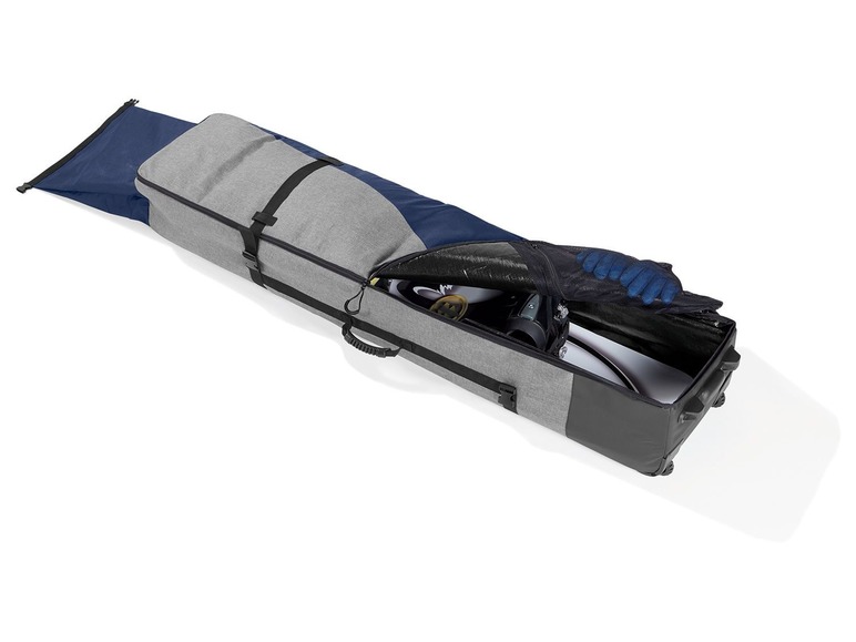 Eine graue und blaue Skitasche mit Rollen, geöffnet mit Skiern und Ski-Zubehör