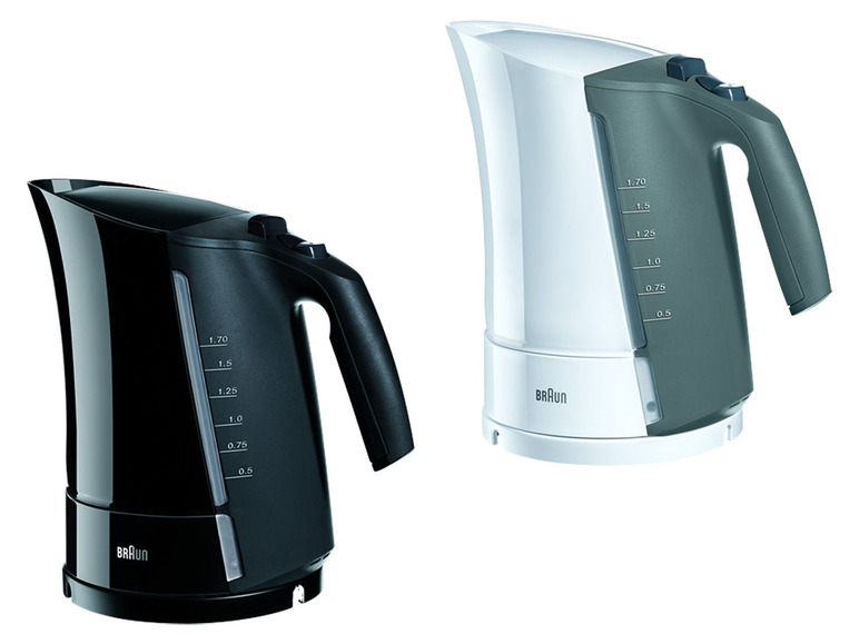 Zwei Braun Wasserkocher in Schwarz und Grau.